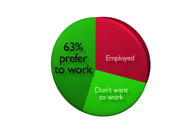 Second pie chart, 63% of unemployed prefer to work